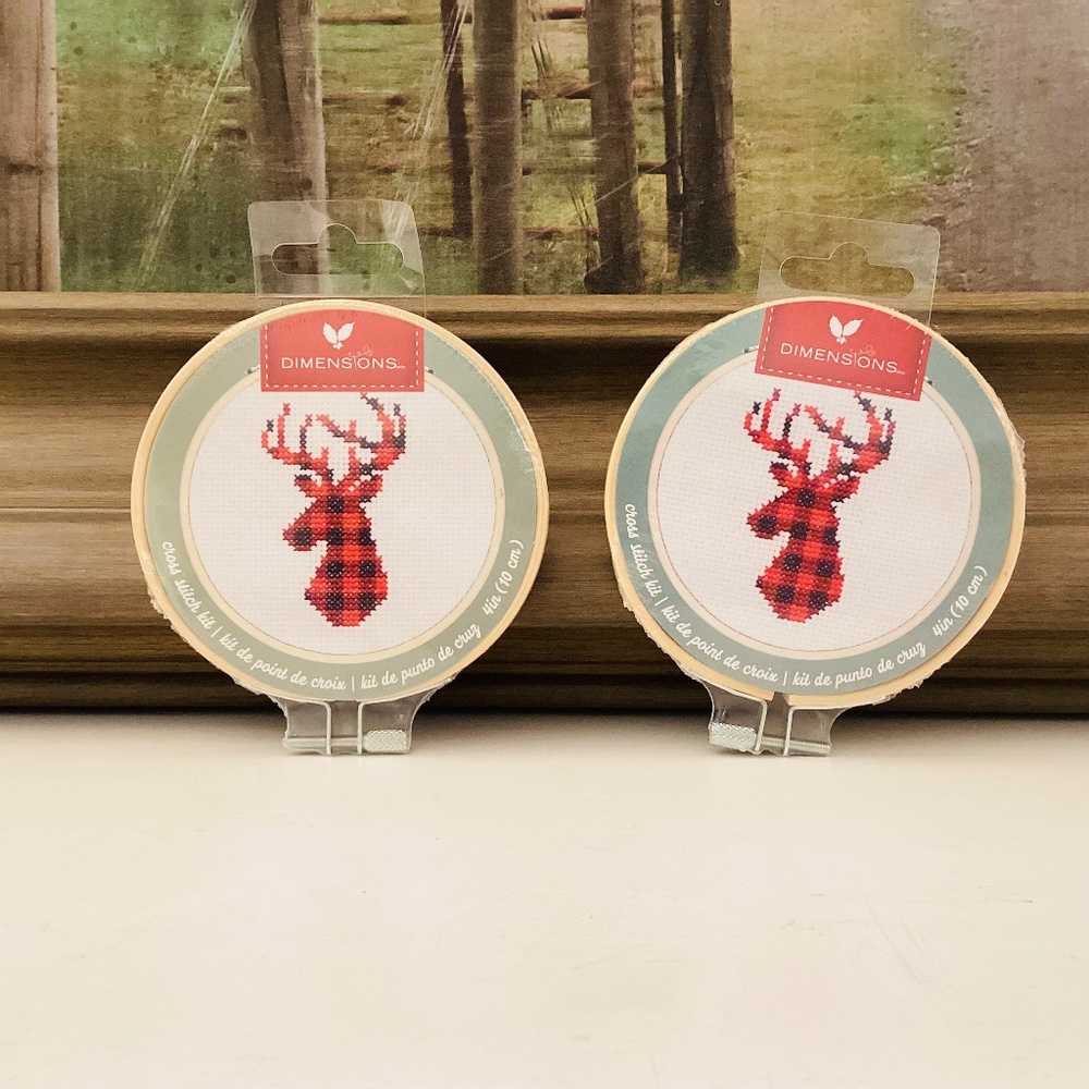 Dimensions 2 Kits Plaid Reindeer Christmas Cross Stitch White 14 Count Aida 4”
